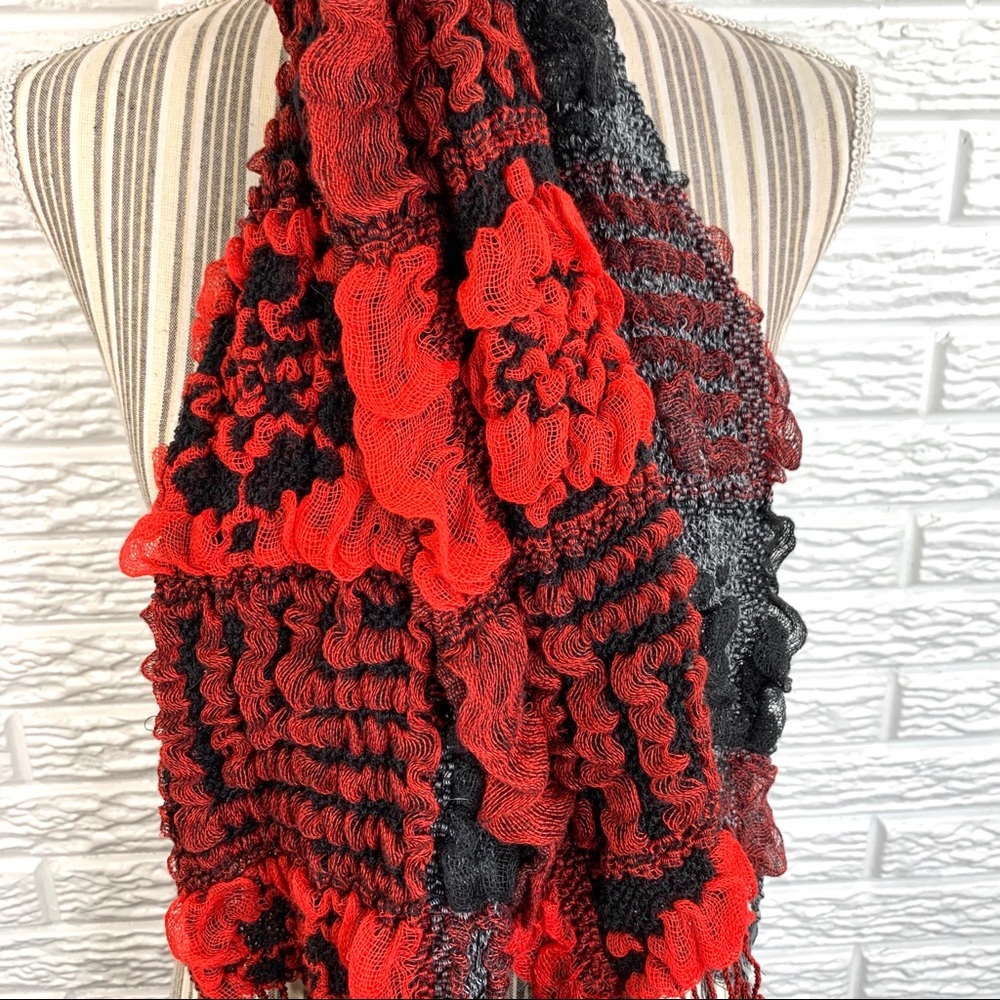 5/$25 Ruffled Patchwork Floral Scarf Black Red - Picture 3 of 7